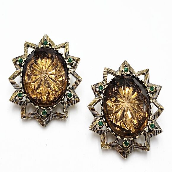 Vintage Emmons Topaz Molded Glass Dome Star Clip-on Earrings Signed Regal 1970s - Picture 1 of 6